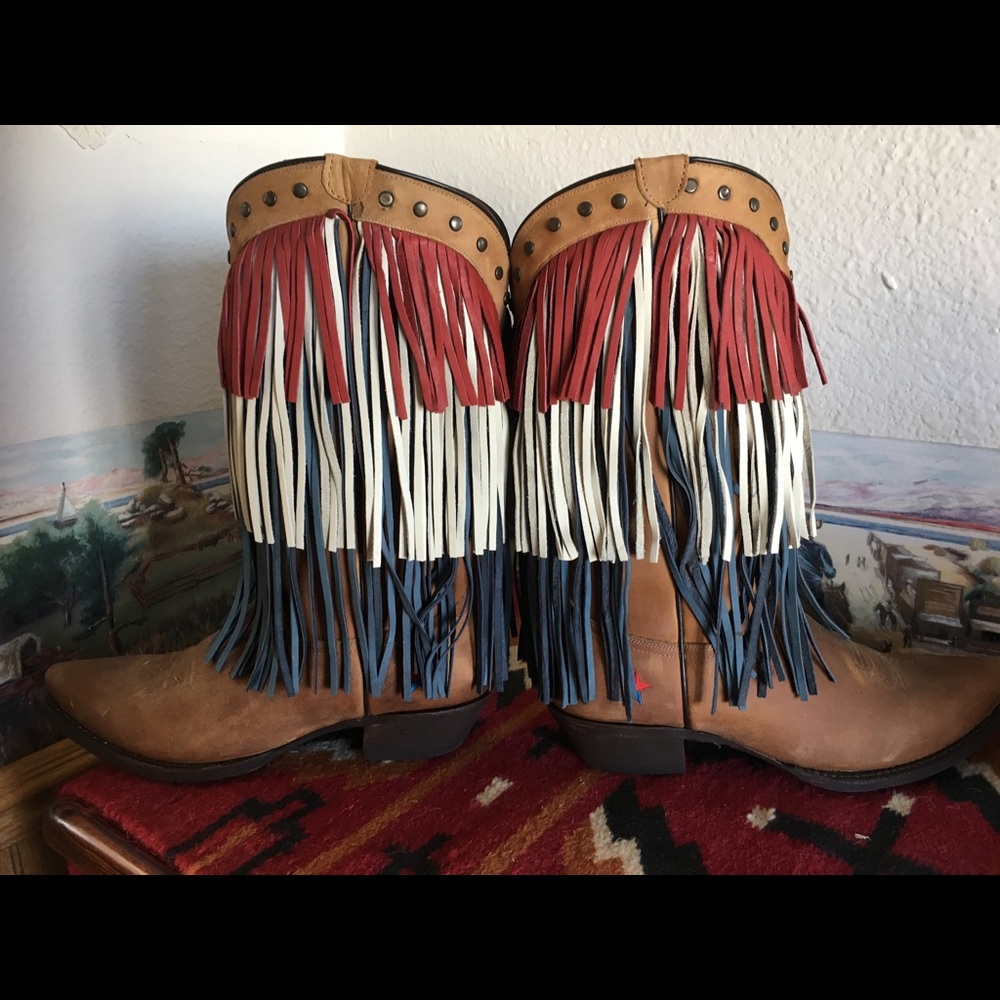 Fringed Western Heeled Boots - Brown with Red, White & Blue Fringe - Picture 3 of 7